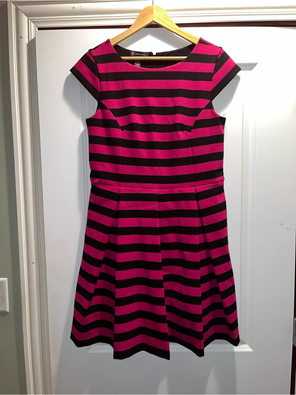 INC International Concepts Black and Pink Striped Fit-and-Flare Dress